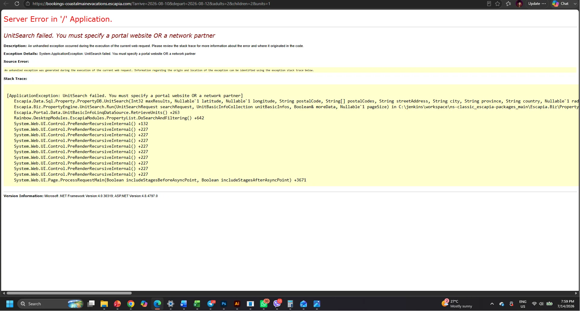 Booking link opened from Akia card returns a server application error