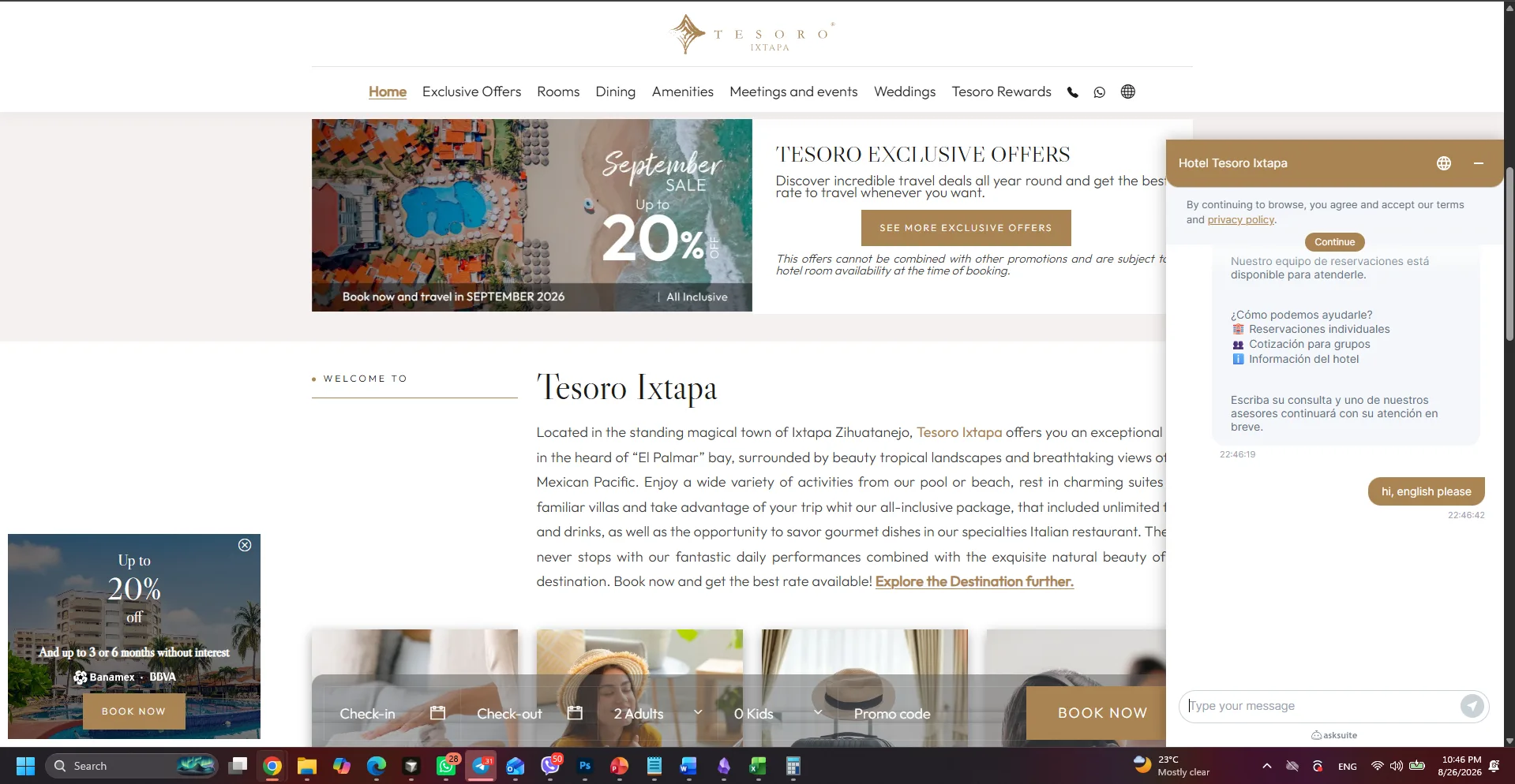 AskSuite Tesoro Ixtapa does not answer English request