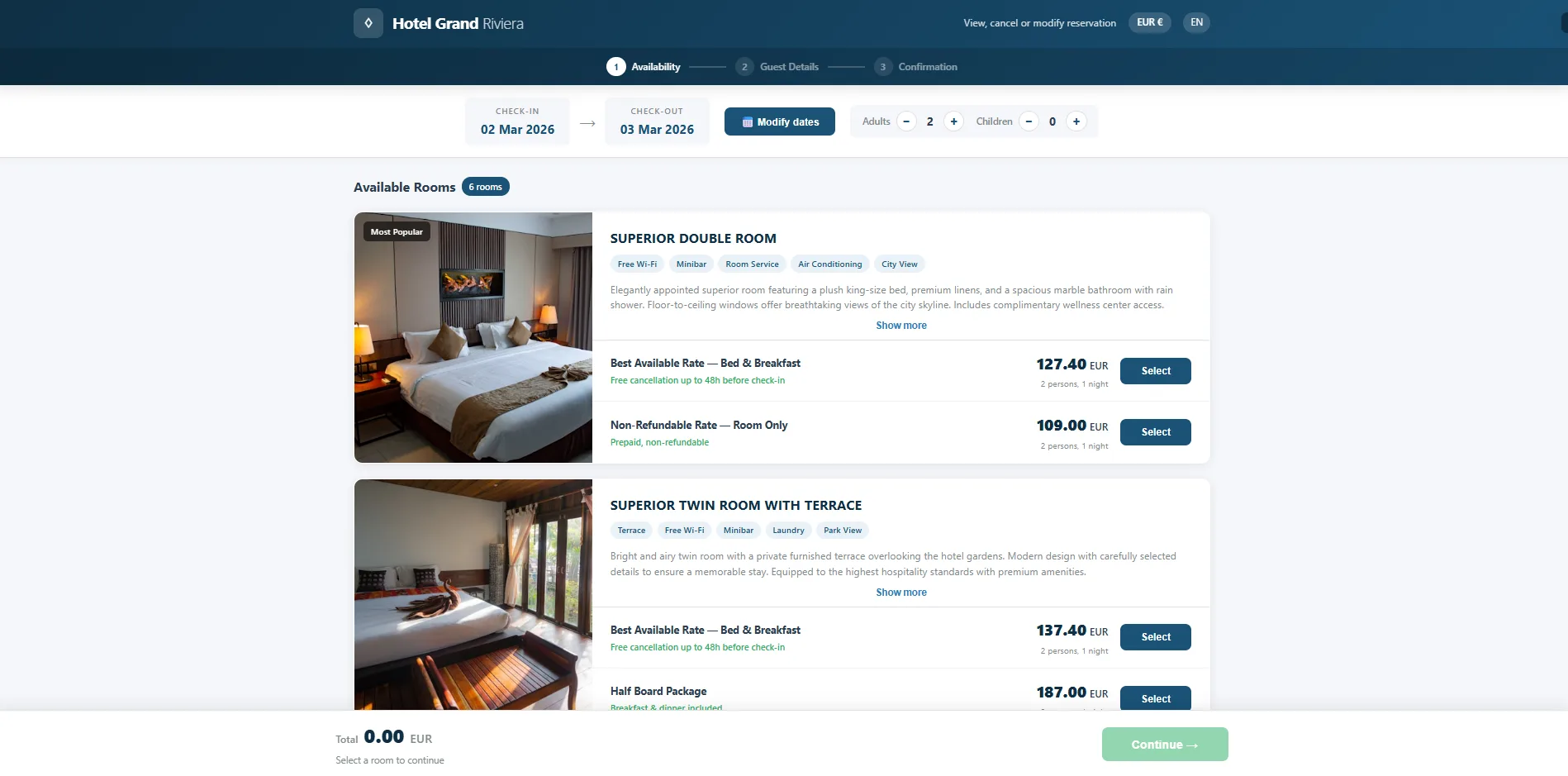 Hotel booking engine showing rooms rates and availability