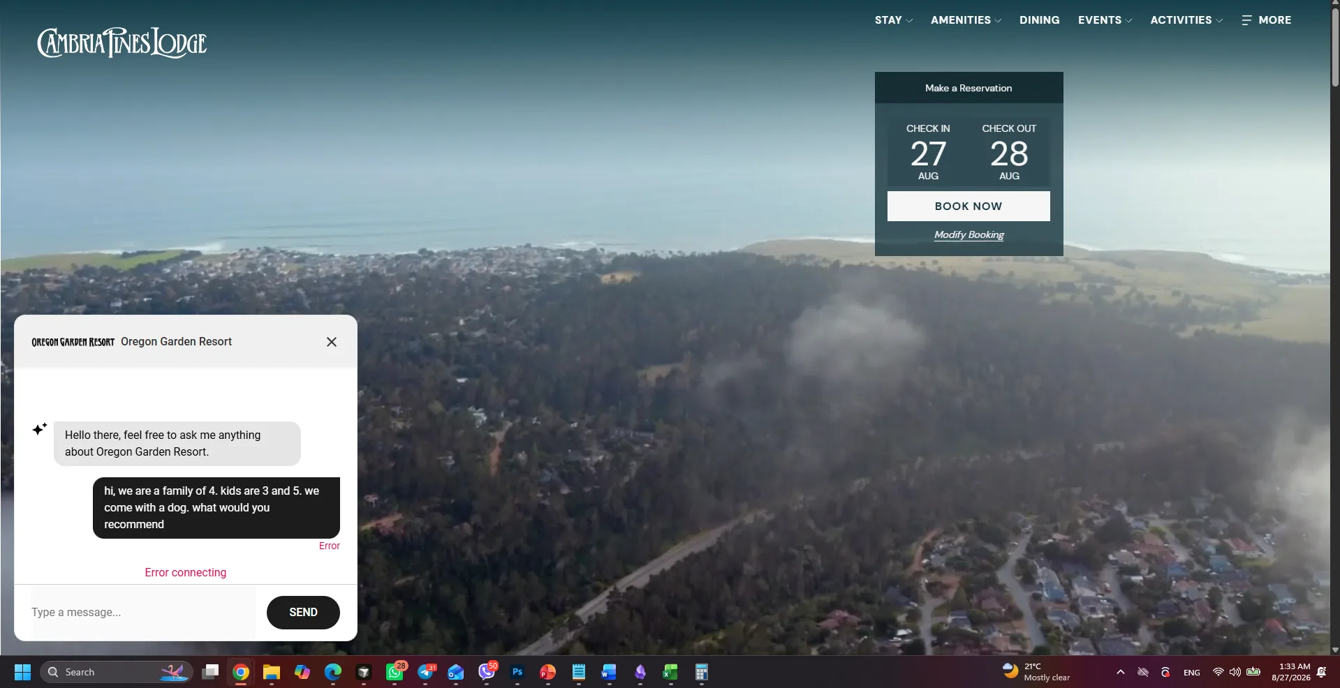 Cambria Pines Lodge loads Oregon Garden Resort Canary bot and connection error