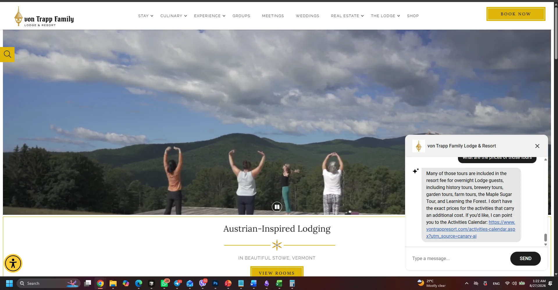 Canary at von Trapp returns activity text and a generic calendar link