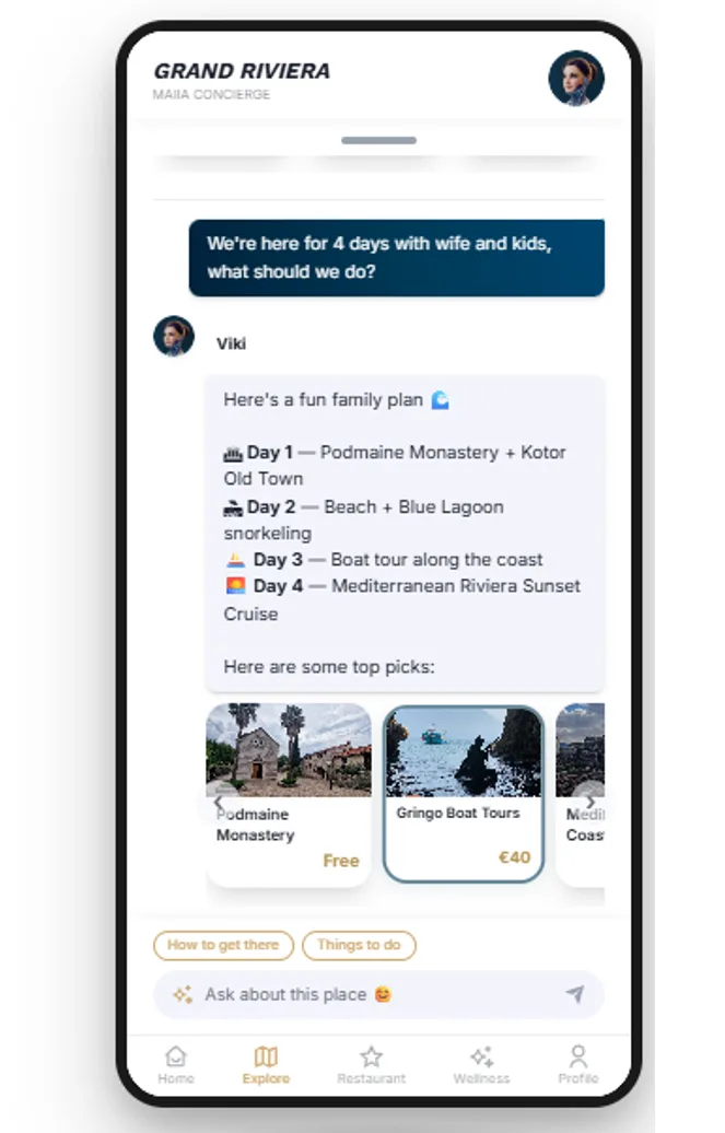 MAIIA Guest App conversation and cards