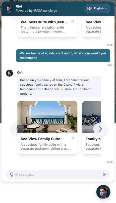 MAIIA recommends family suites with visual cards