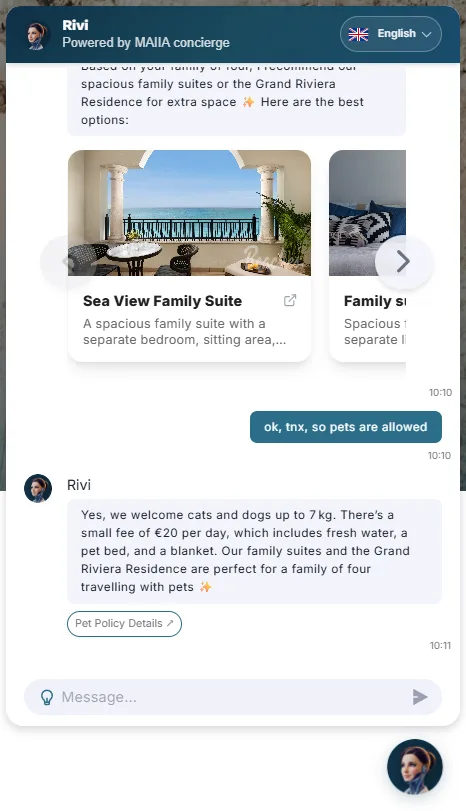 MAIIA remembers family context and explains pet policy