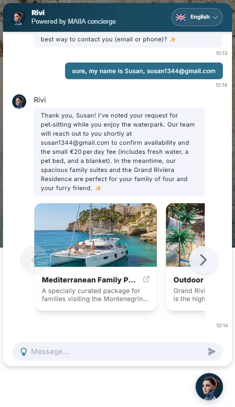 MAIIA captures pet sitting request and offers related experiences