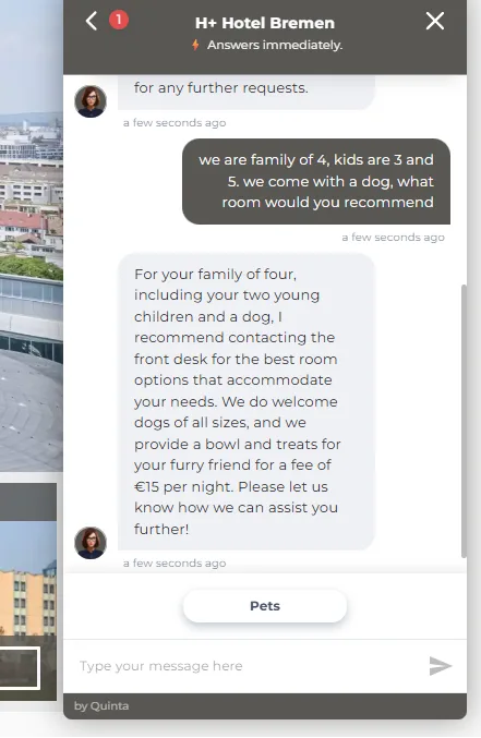 Quinta gives pet fee and tells family to contact front desk