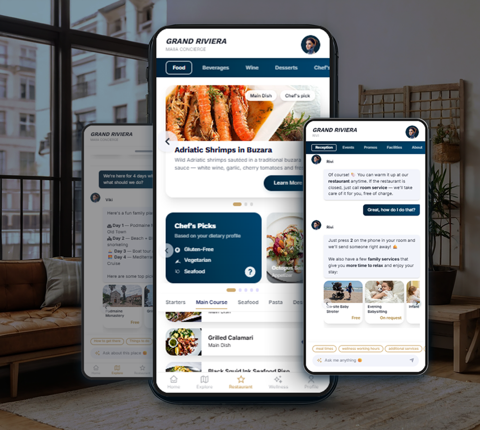 Three phone screens showing MAIIA guest app restaurant menu, destination explore and AI chat